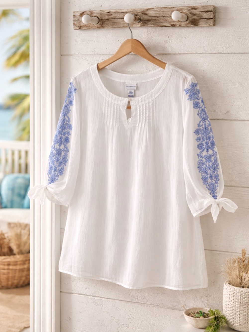 Liz Claiborne White Gauze Tunic with Blue Floral Sleeve Embroidery Size XXL